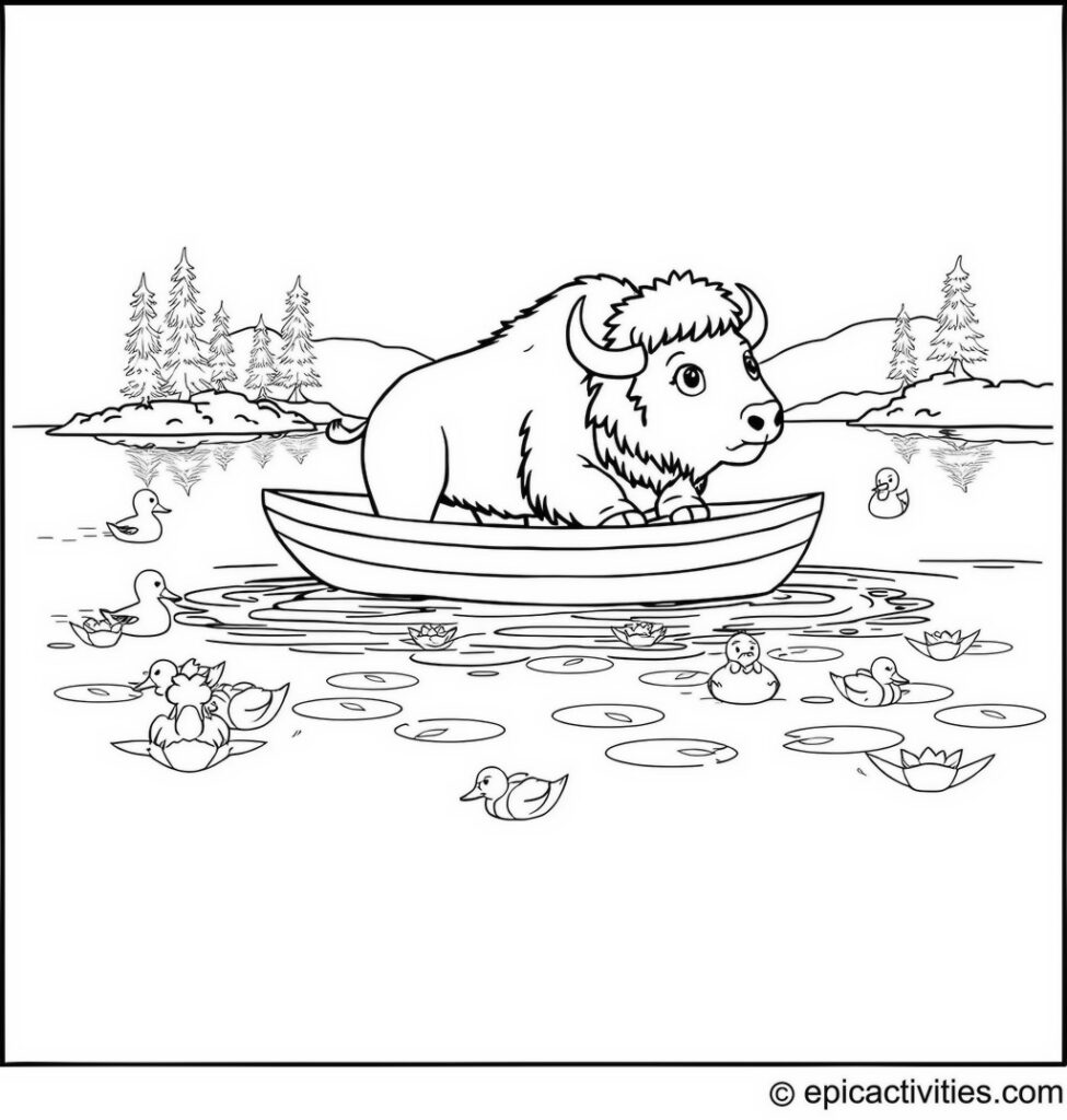 Coloring page of a Cute Bison Boating on a Lake with Ducks and Lily Pads