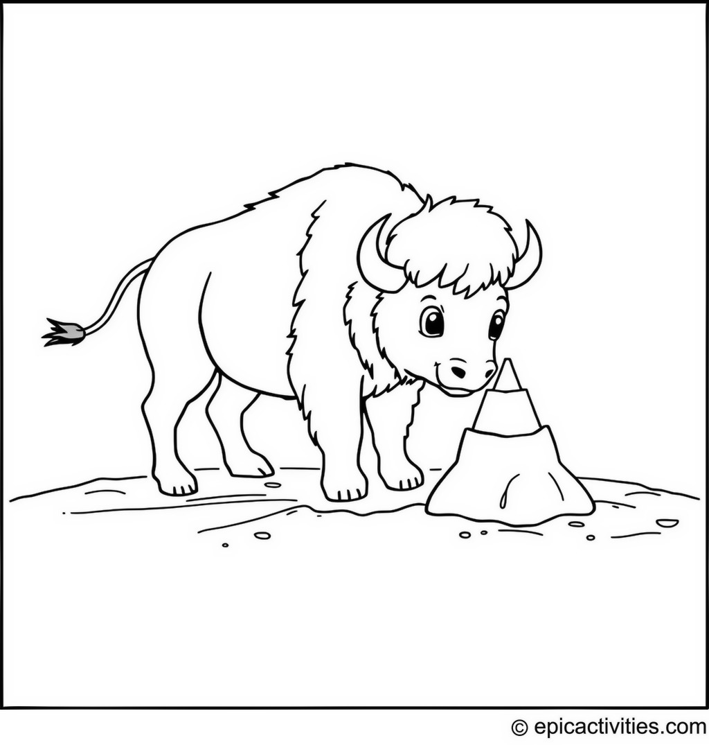 Coloring page of a cute bison building a sandcastle on the beach