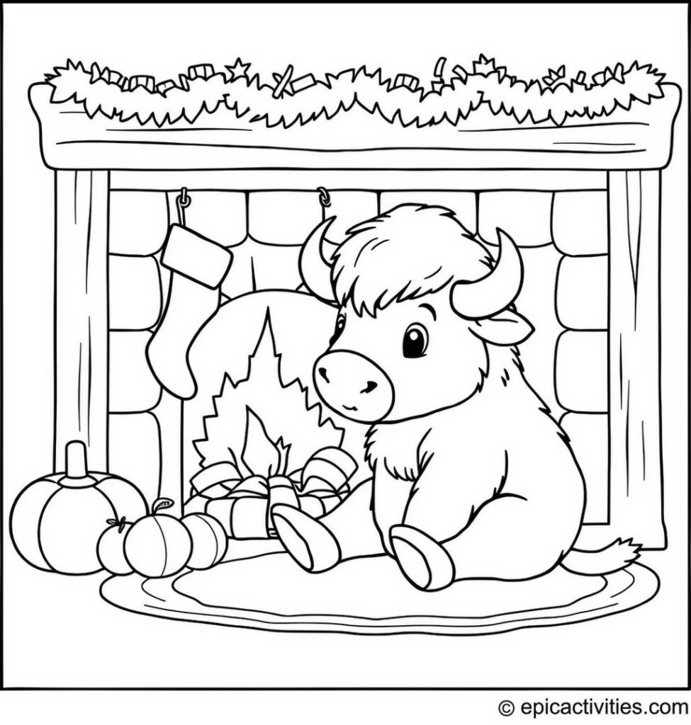 Coloring page of a cute bison by the fireplace with stockings