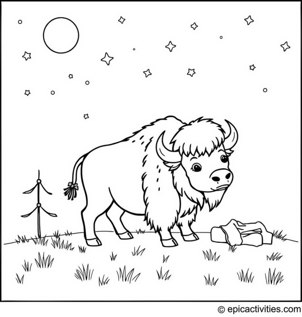 Coloring page of a Cute Bison Camping under a Starry Sky