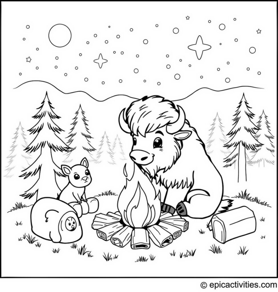 Coloring page of a Cute Bison Camping with Woodland Friends Under a Starry Sky