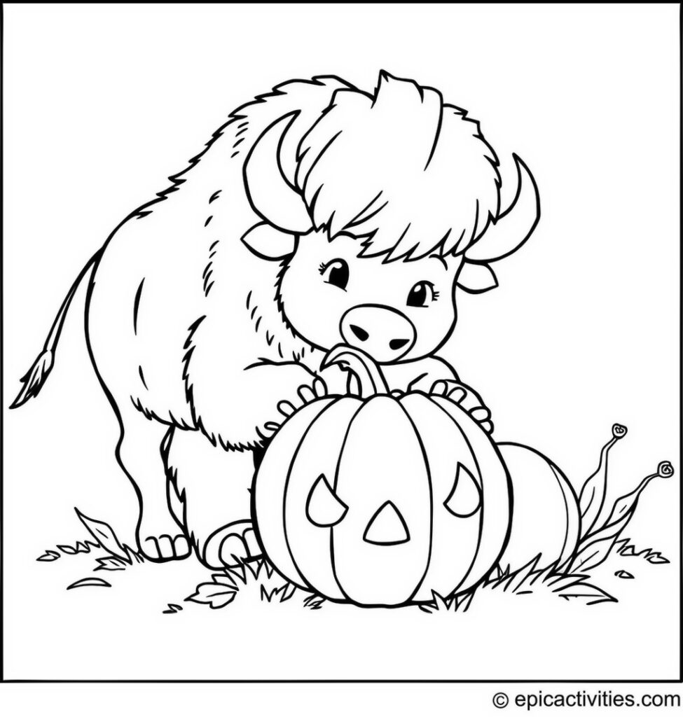 Coloring page of a cute bison carving a pumpkin for Halloween