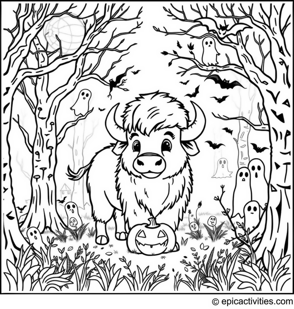 Coloring page of a Cute Bison Celebrating Halloween in a Spooky Forest with Ghosts and Bats
