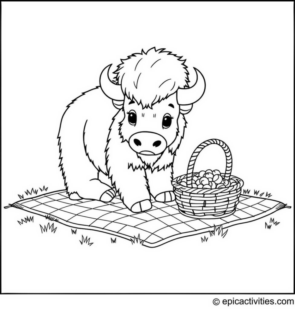 Coloring page of a Cute Bison Enjoying a Picnic with Checkered Blanket and Basket of Treats