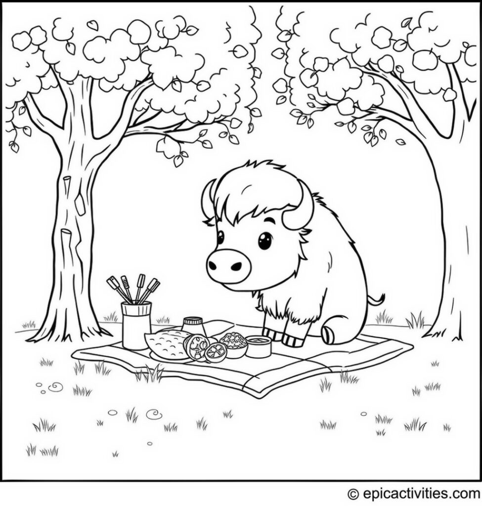 Coloring page of a cute bison enjoying a picnic
