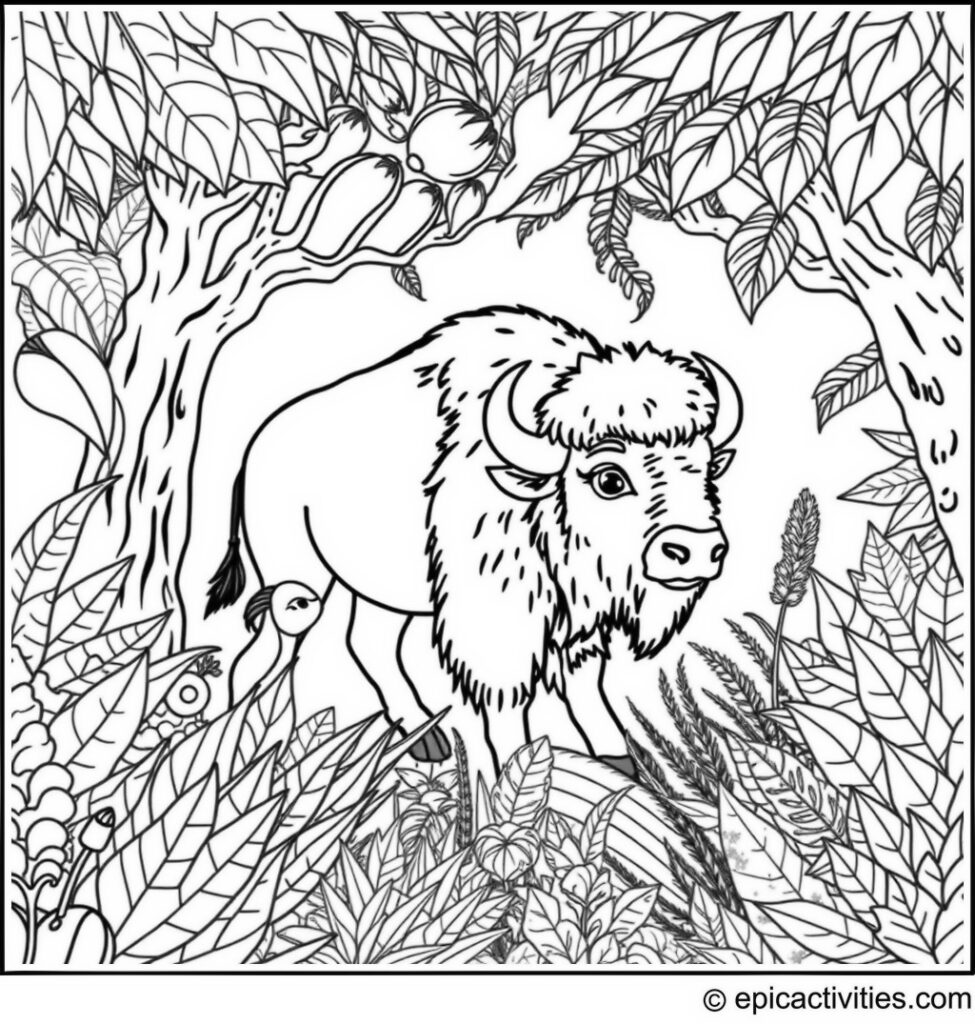 Coloring page of a Cute Bison Exploring a Detailed Rainforest with Exotic Animals and Plants