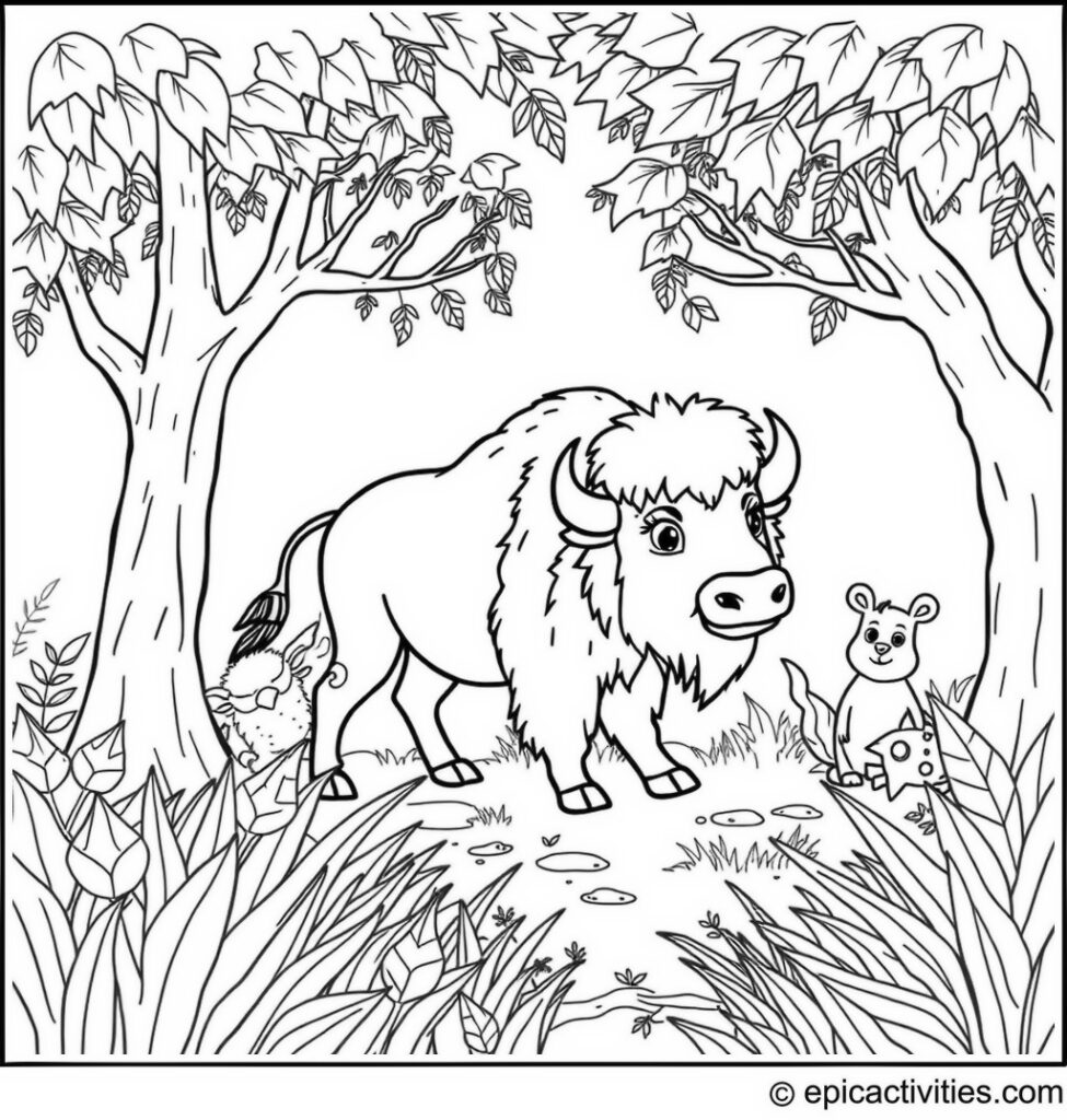 Coloring page of a Cute Bison Exploring a Simple Jungle with Friendly Animals