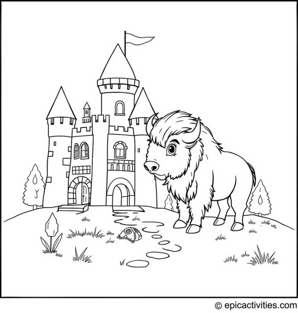Coloring page of a cute bison exploring an ancient castle with hidden treasures