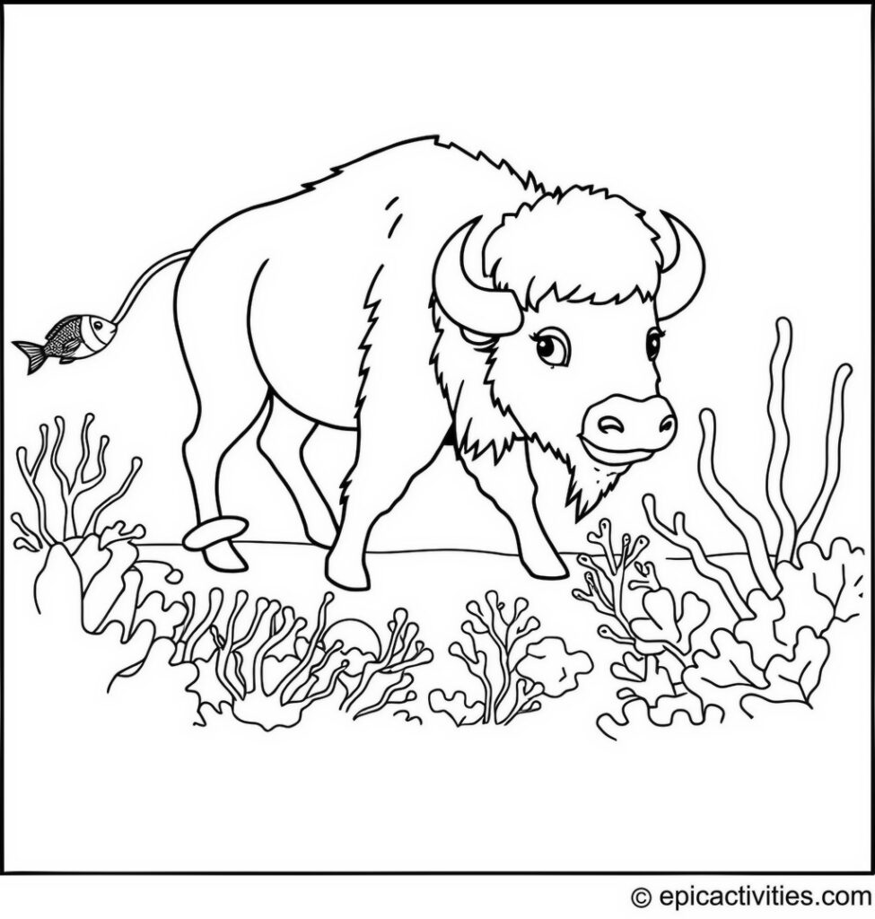 Coloring page of a cute bison exploring an underwater scene with fish and coral