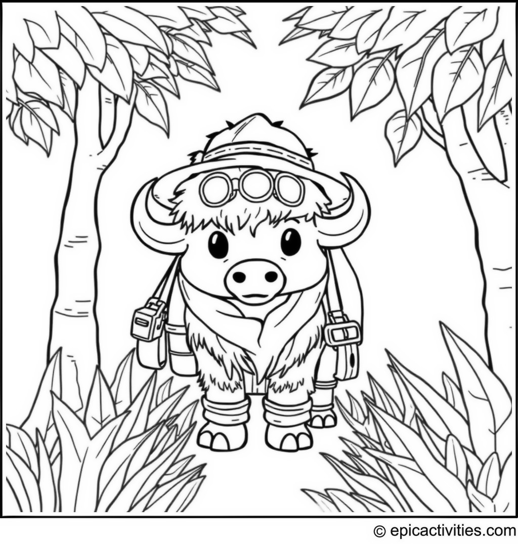Coloring page of a cute bison exploring the jungle