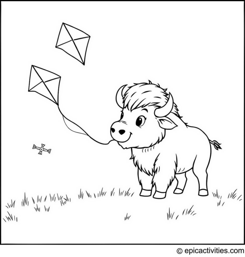 Coloring Page of a Cute Bison Flying a Kite