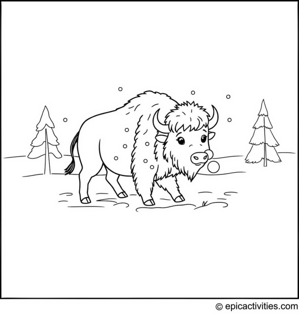 Coloring page of a cute bison having a snowball fight in a simple winter wonderland