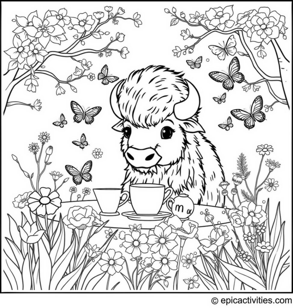 Coloring page of a Cute Bison Having a Tea Party in a Garden with Butterflies and Flowers