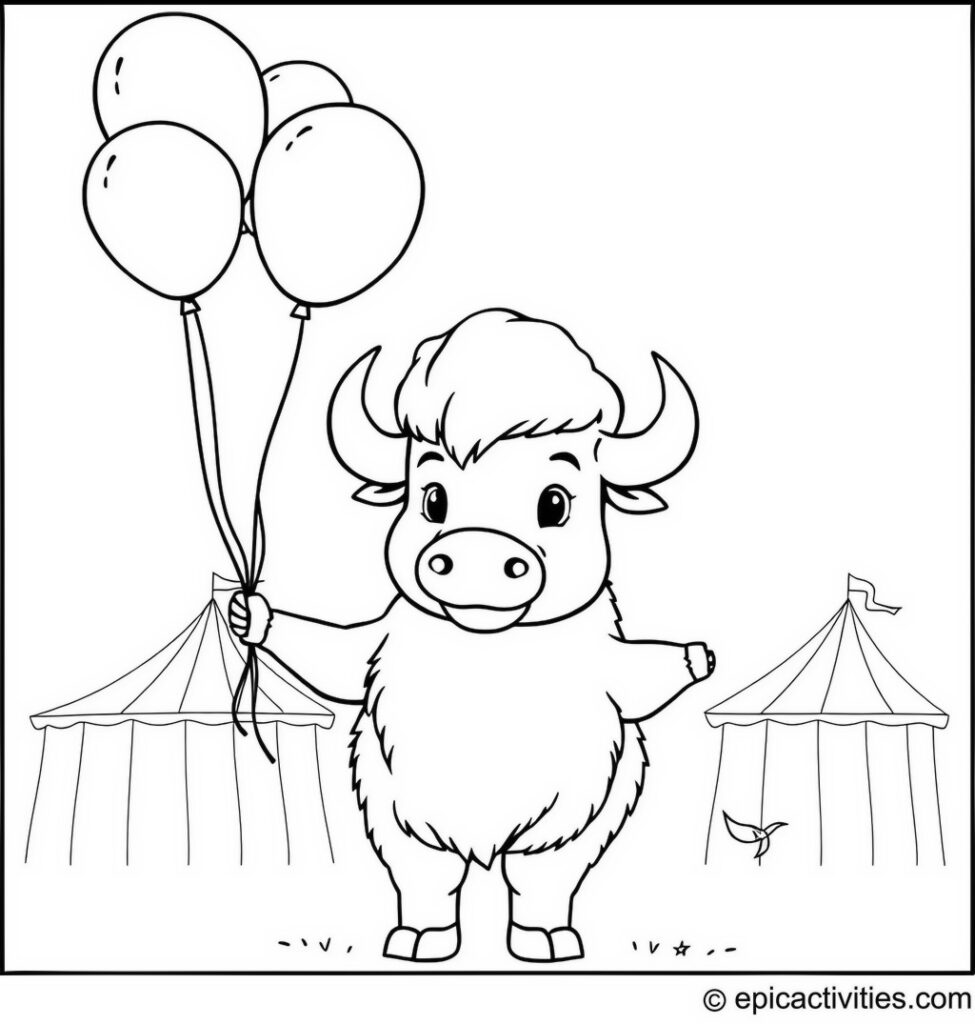 Coloring page of a cute bison holding balloons at a simple carnival