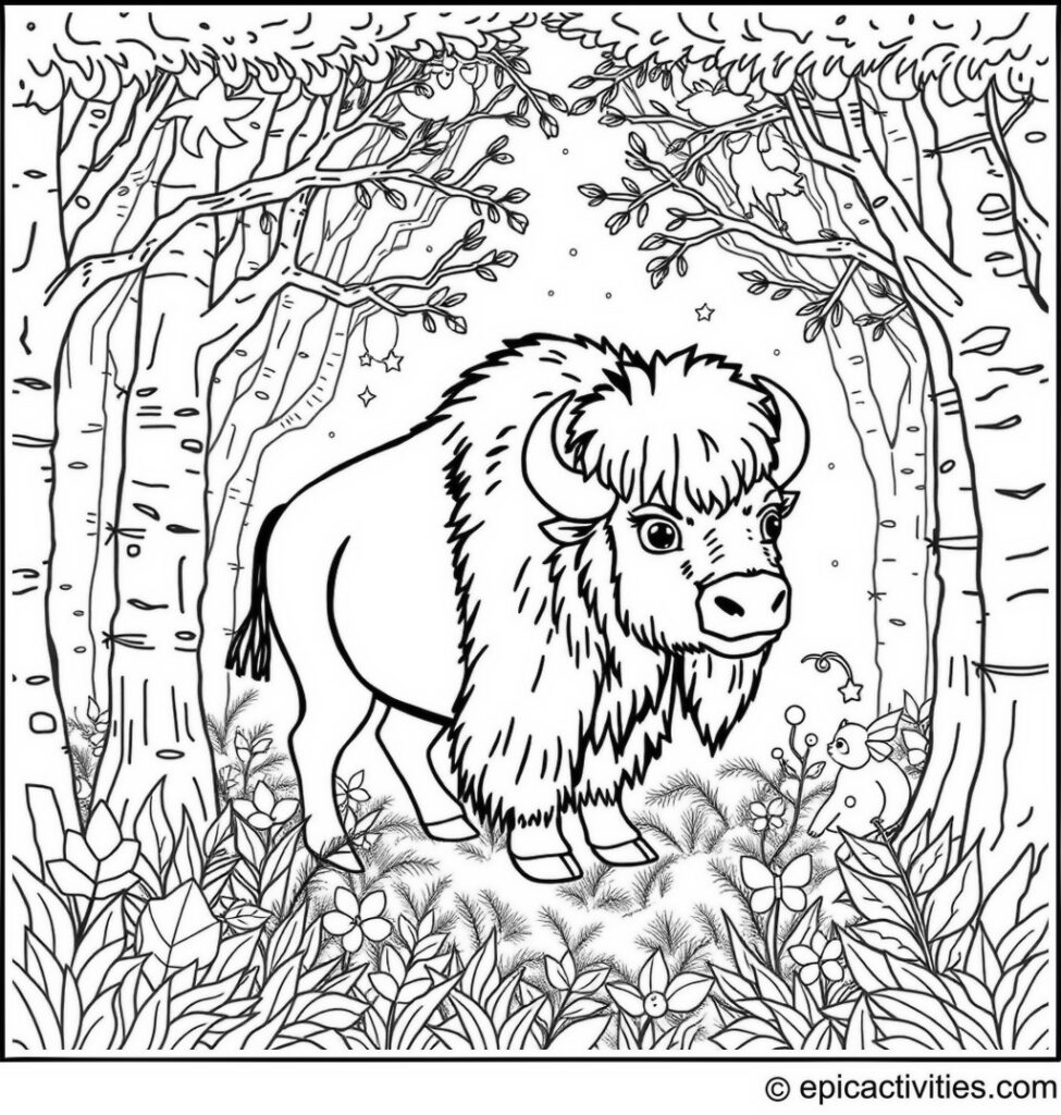 Coloring page of a cute bison in a detailed enchanted forest