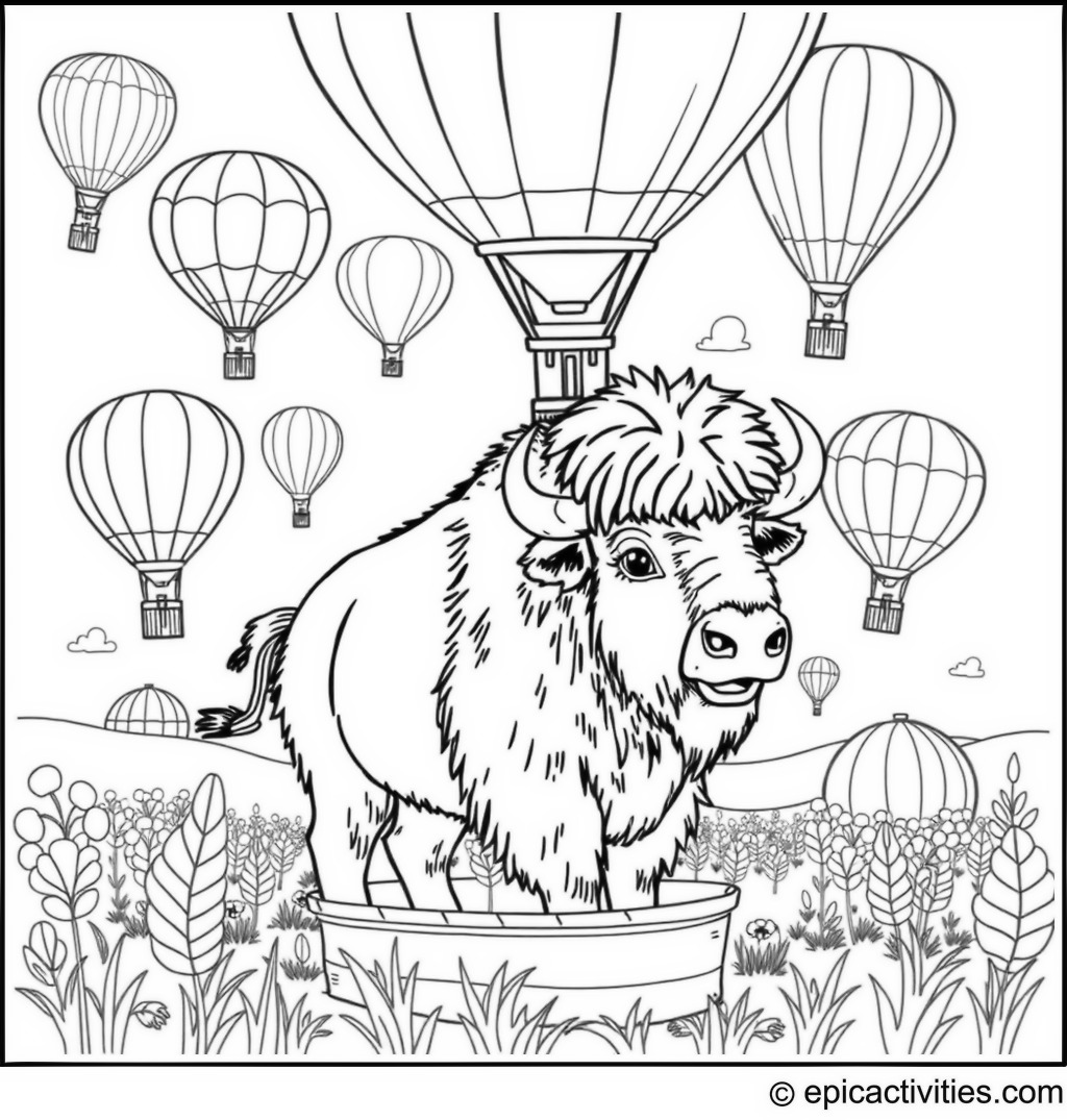 Coloring page of a Cute Bison in a Detailed Hot Air Balloon Festival with Colorful Balloons