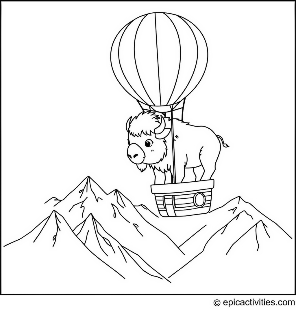Coloring page of a cute bison in a hot air balloon over mountains