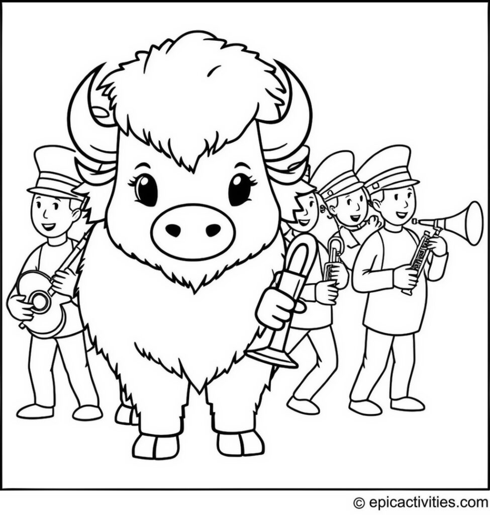 Coloring page of a Cute Bison in a Marching Band with Simple Instruments
