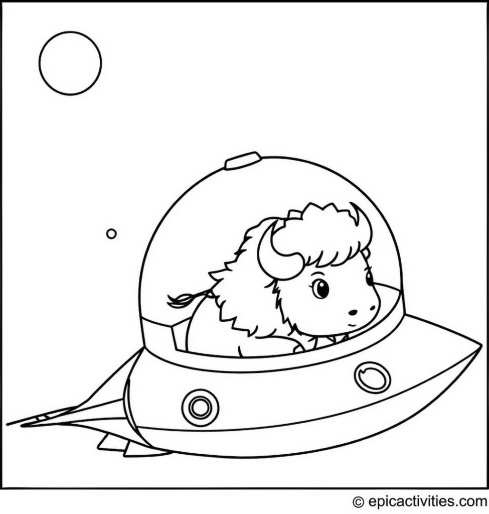 Coloring page of a cute bison in a minimalist spaceship exploring outer space