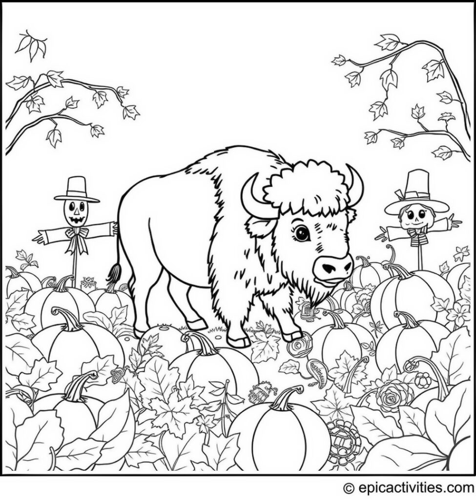Coloring page of a Cute Bison in a Pumpkin Patch