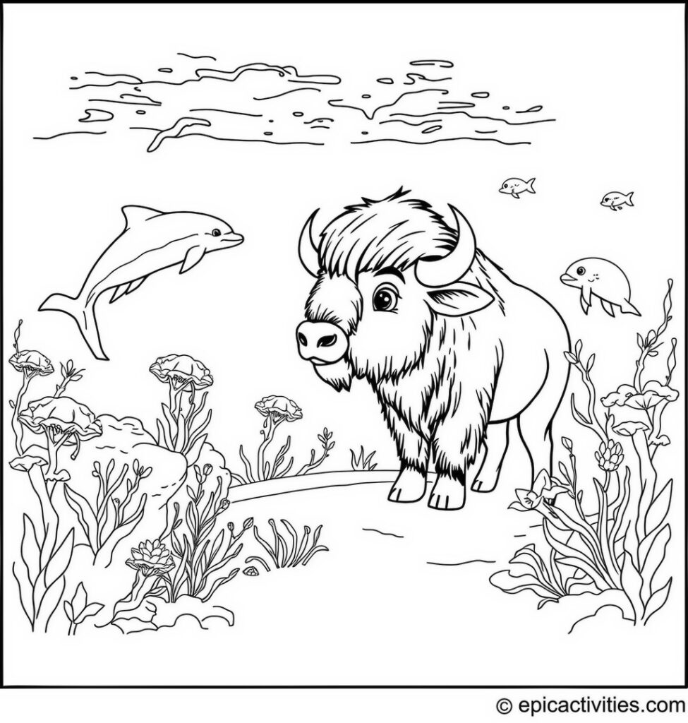 Coloring page of a Cute Bison in an Aquarium with Dolphins and Jellyfish