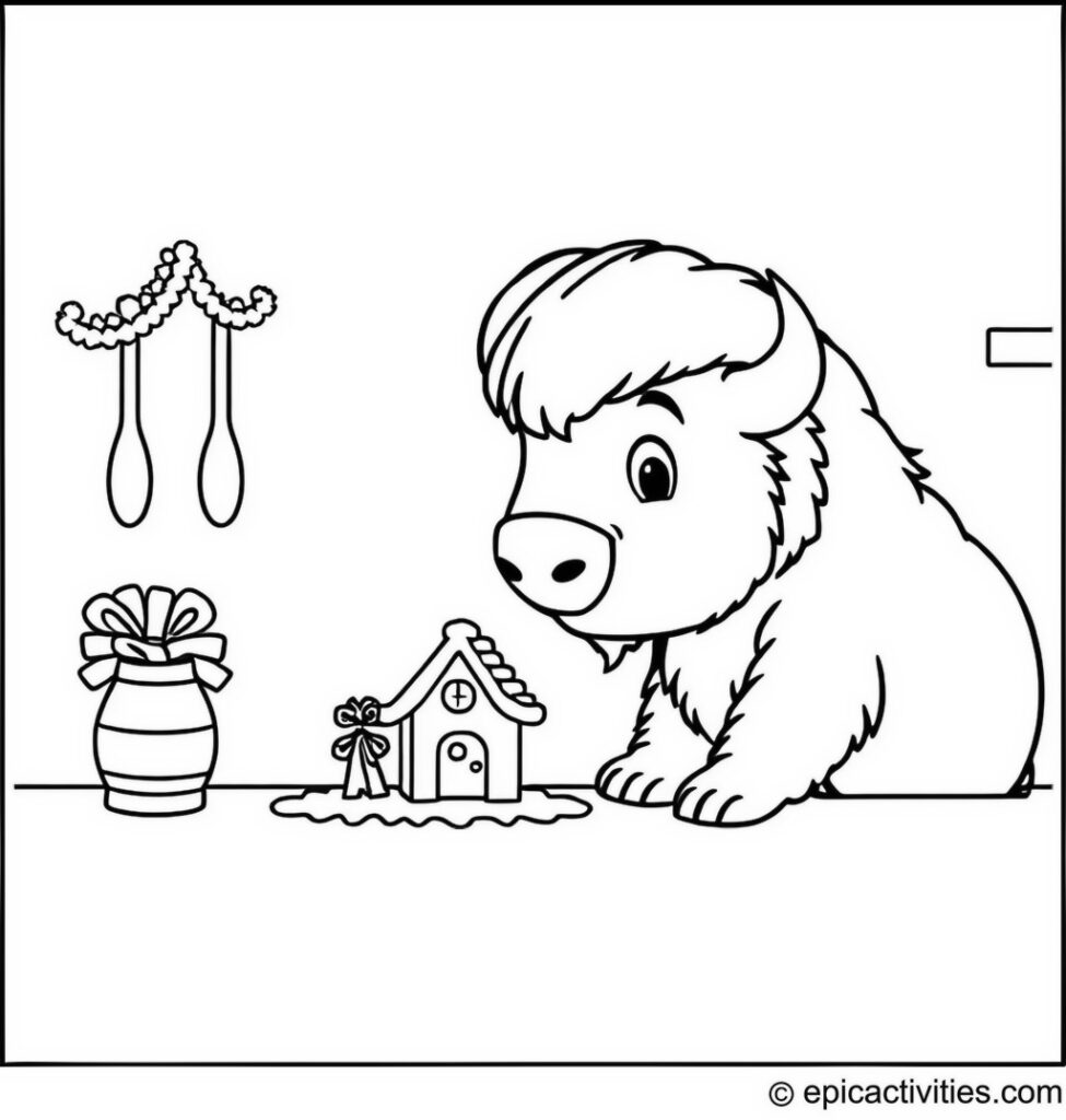 Coloring page of a Cute Bison Making a Gingerbread House