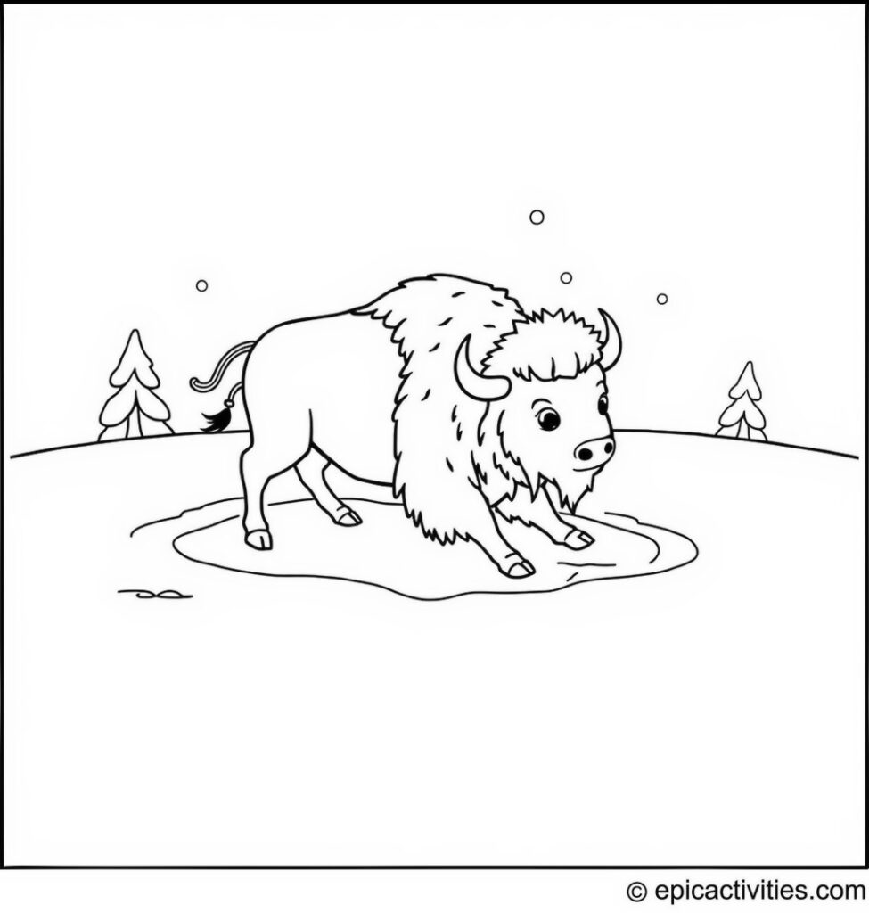 Coloring page of a cute bison making snow angels