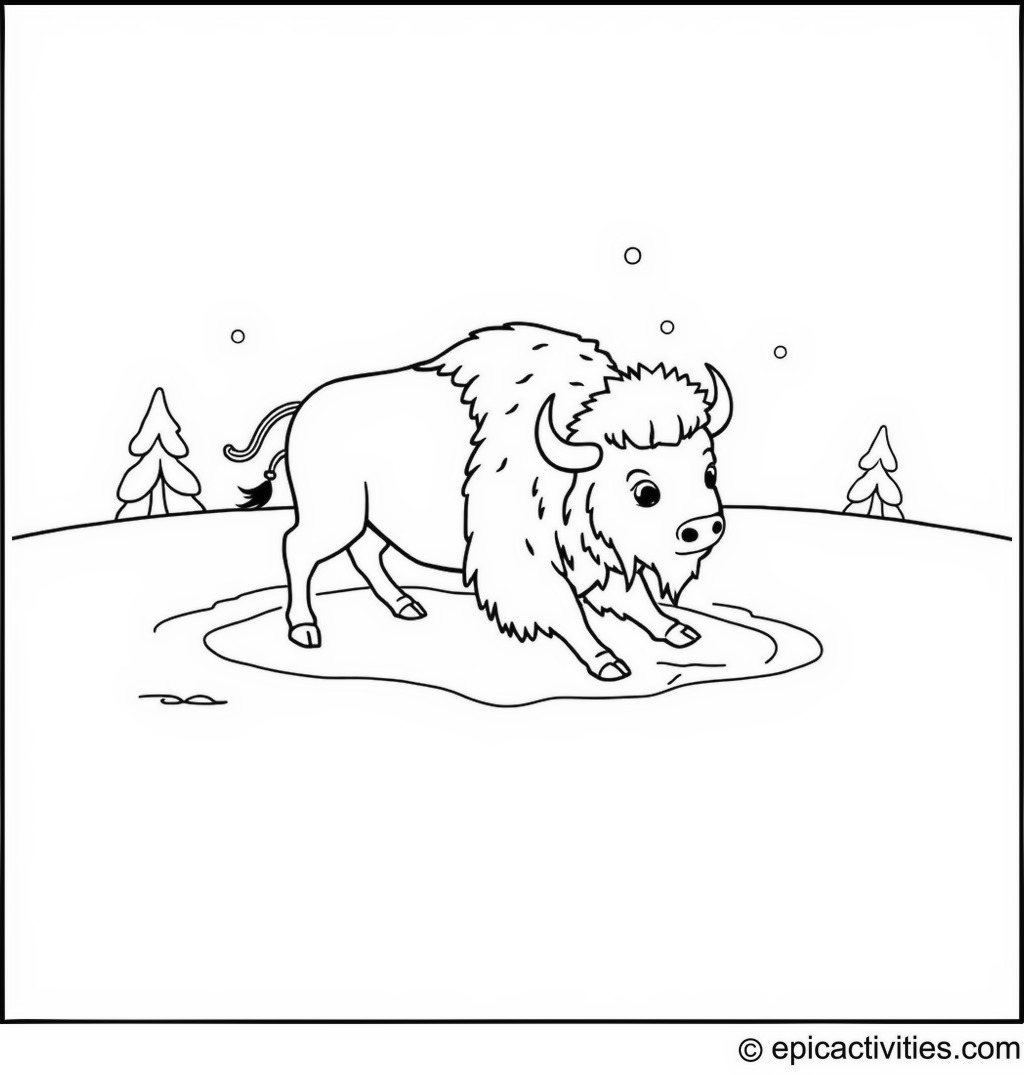 Coloring page of a cute bison making snow angels