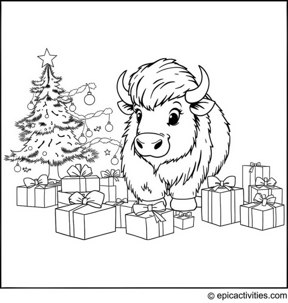 Coloring page of a cute bison on a Christmas morning with decorated tree and presents