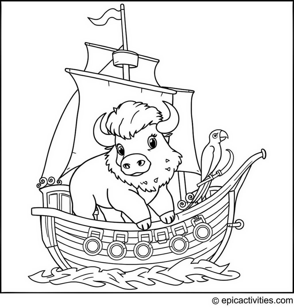 Coloring page of a cute bison on a detailed pirate ship with treasure and a parrot