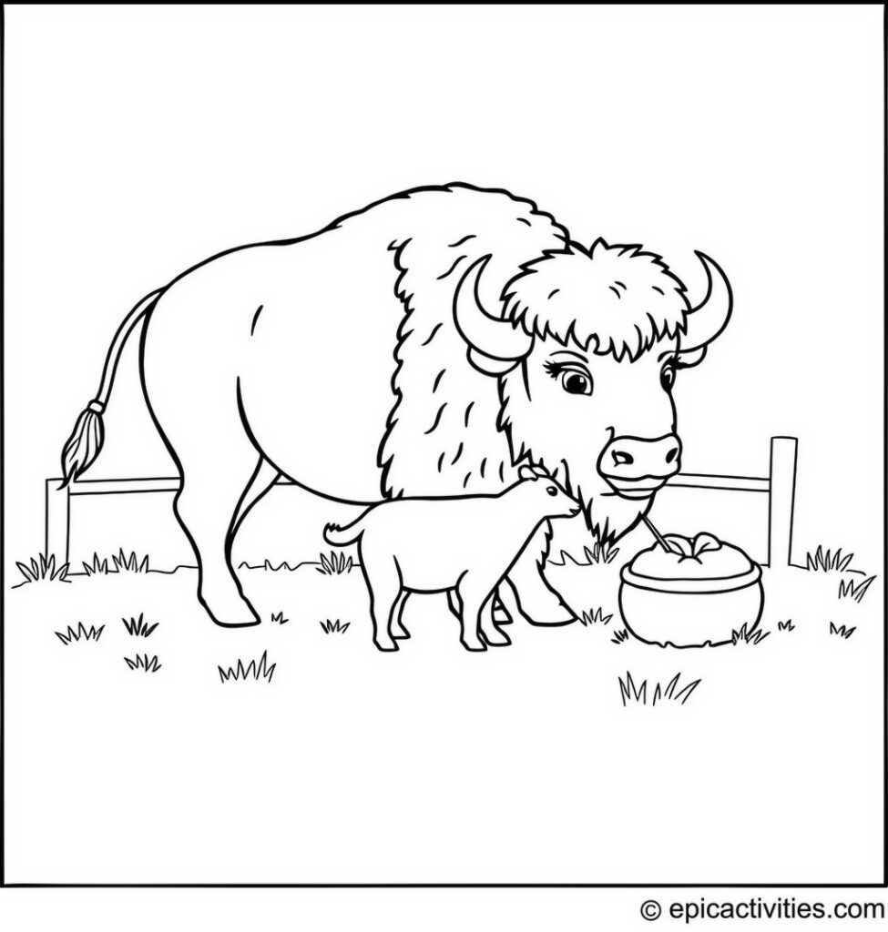 Coloring page of a Cute Bison on a Simple Farm Feeding the Animals
