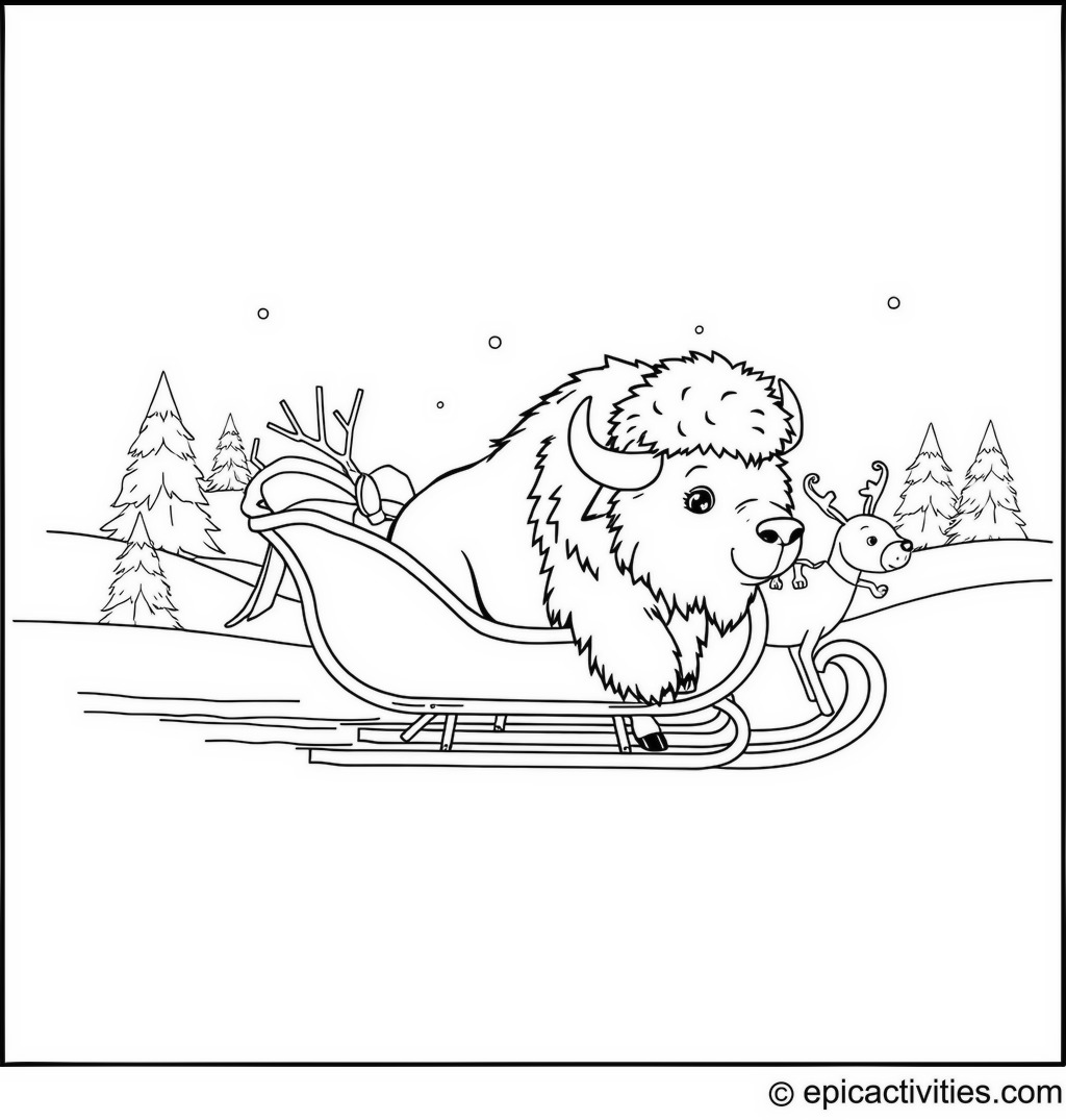 Coloring page of a Cute Bison on a Winter Sleigh Ride with Reindeer