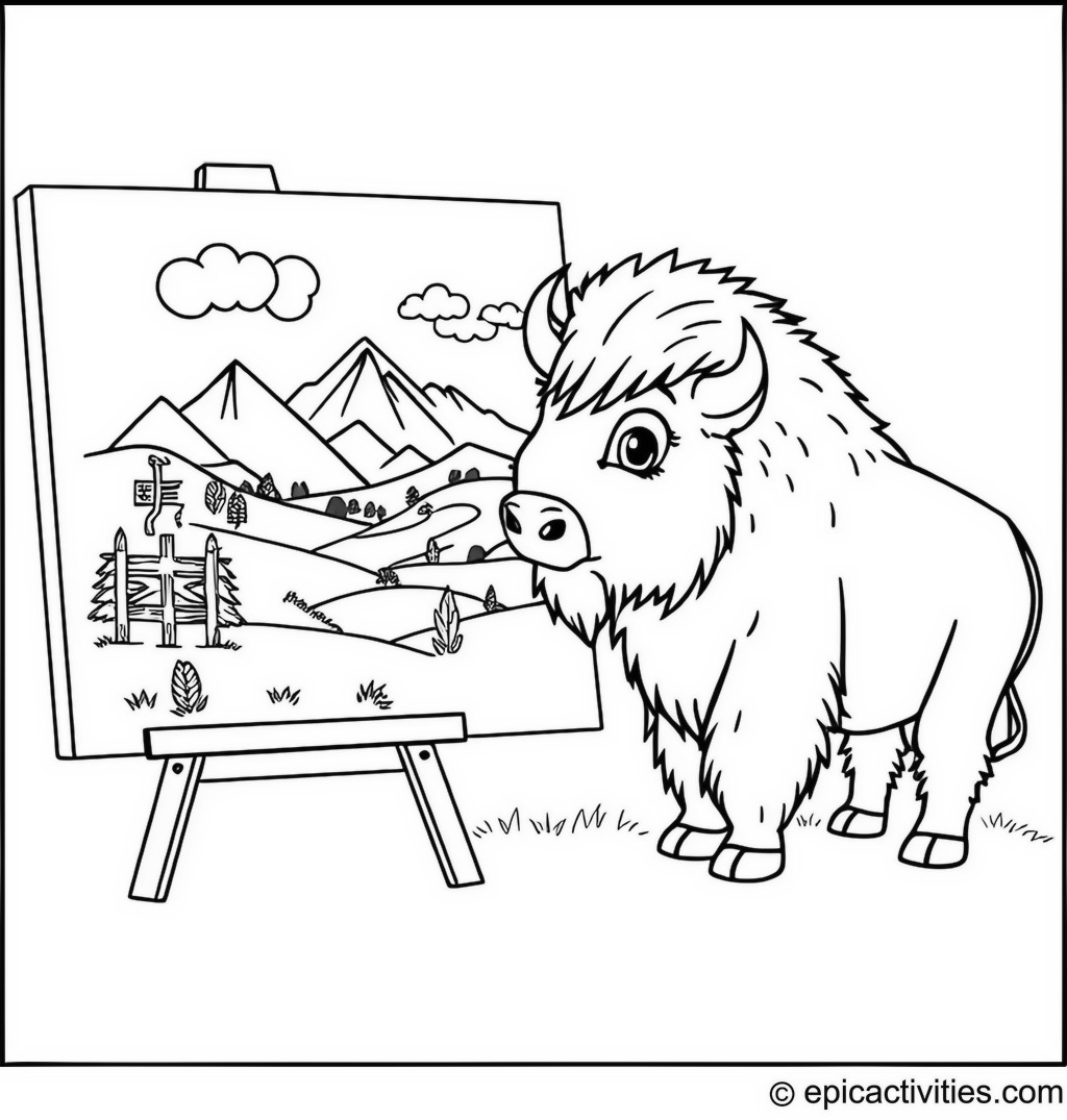Coloring page of a cute bison painting a landscape on a giant canvas