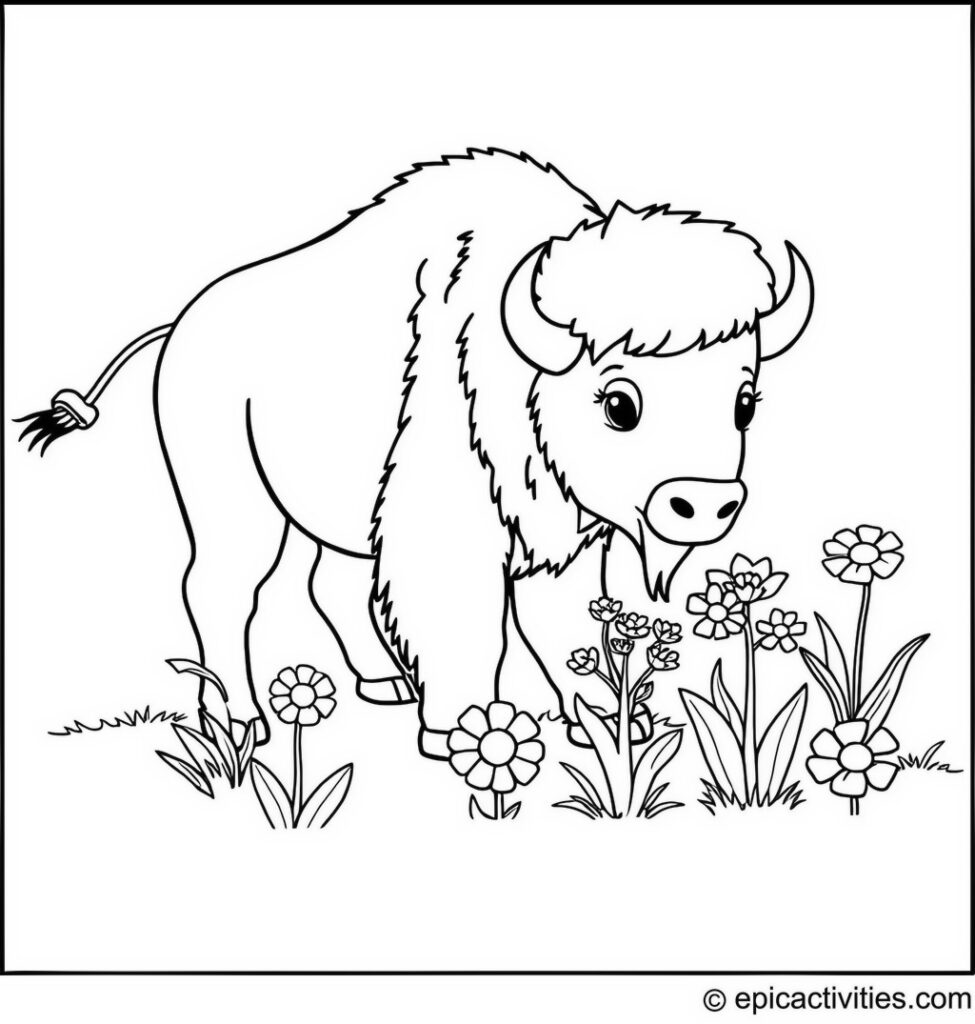 Coloring page of a cute bison planting flowers in a simple garden