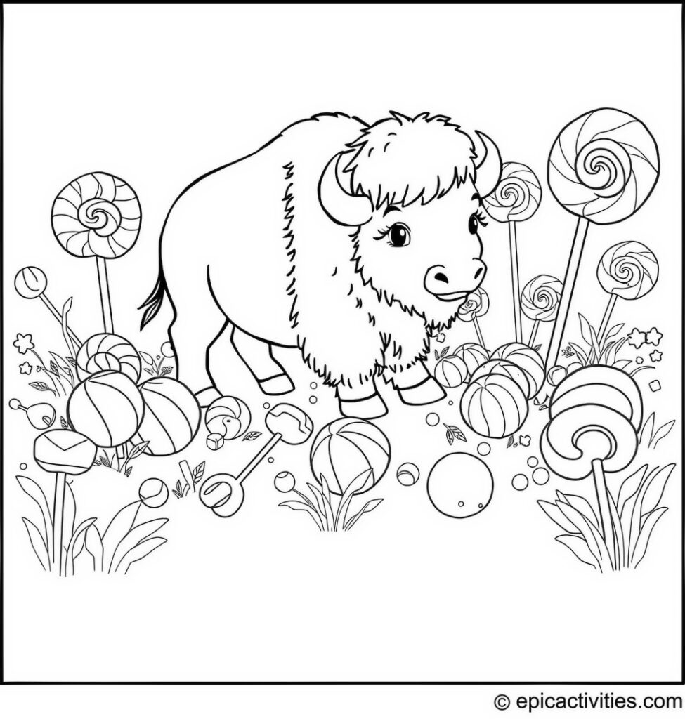 Coloring page of a Cute Bison Playing in Candy Land