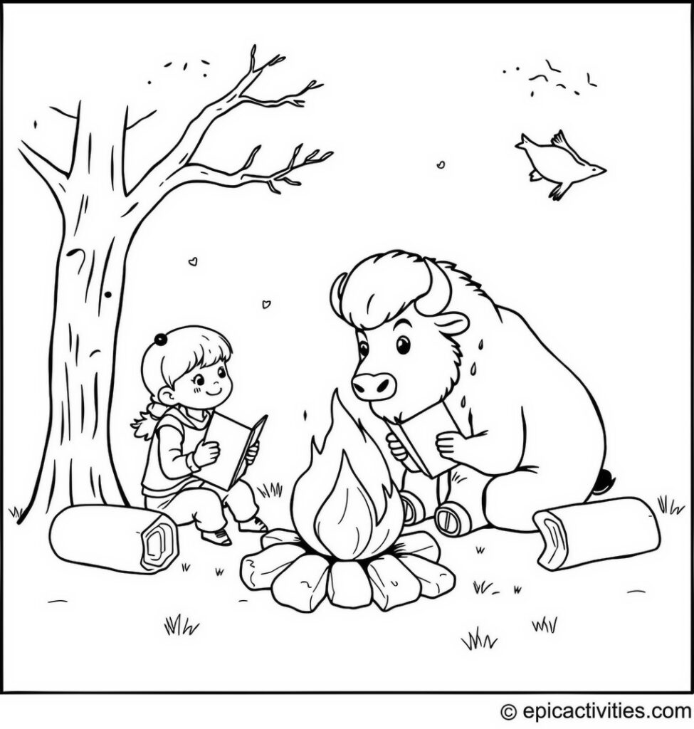 Coloring page of a cute bison reading stories around a campfire with friends