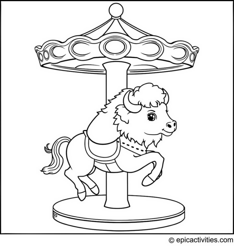 Coloring page of a Cute Bison Riding a Carousel Horse at the Fair