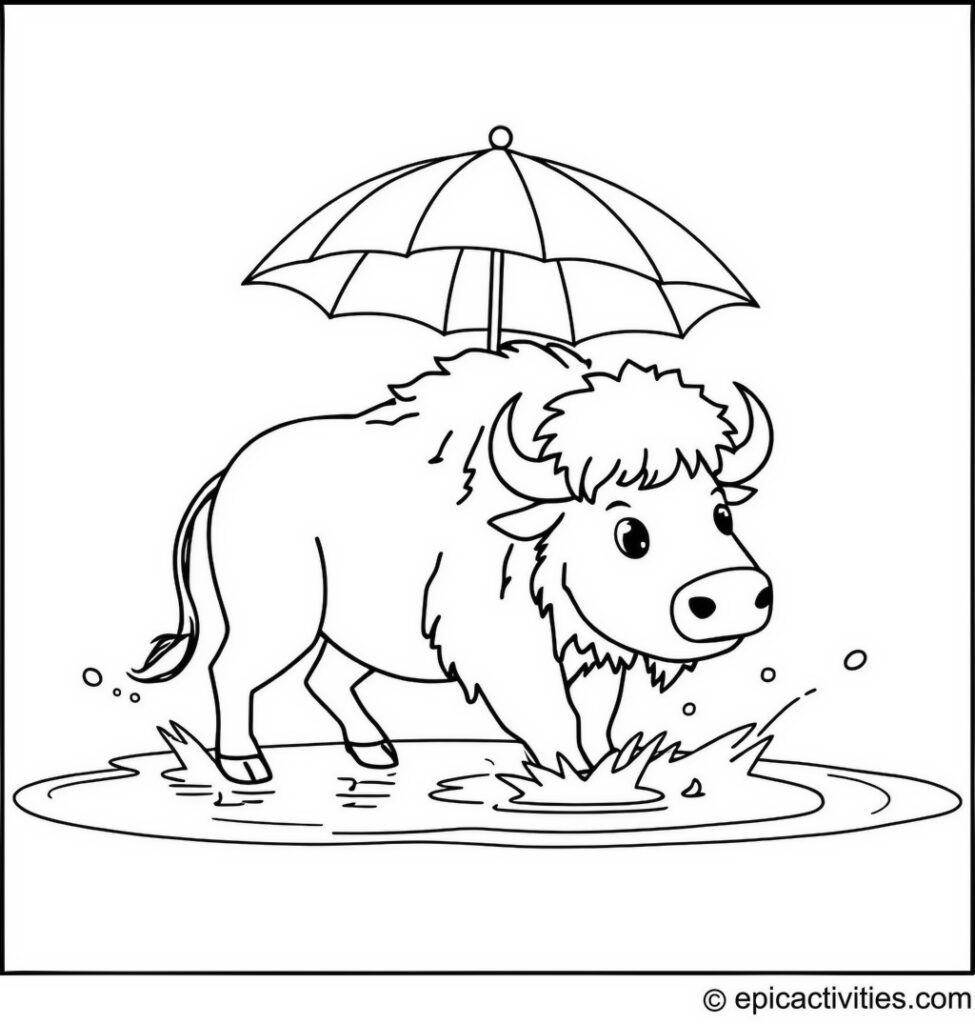 Coloring page of a Cute Bison Splashing in a Puddle with an Umbrella