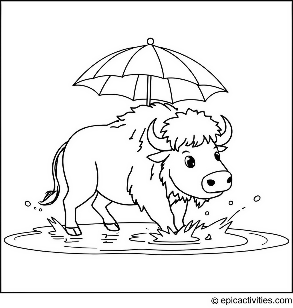 Coloring page of a Cute Bison Splashing in a Puddle with an Umbrella