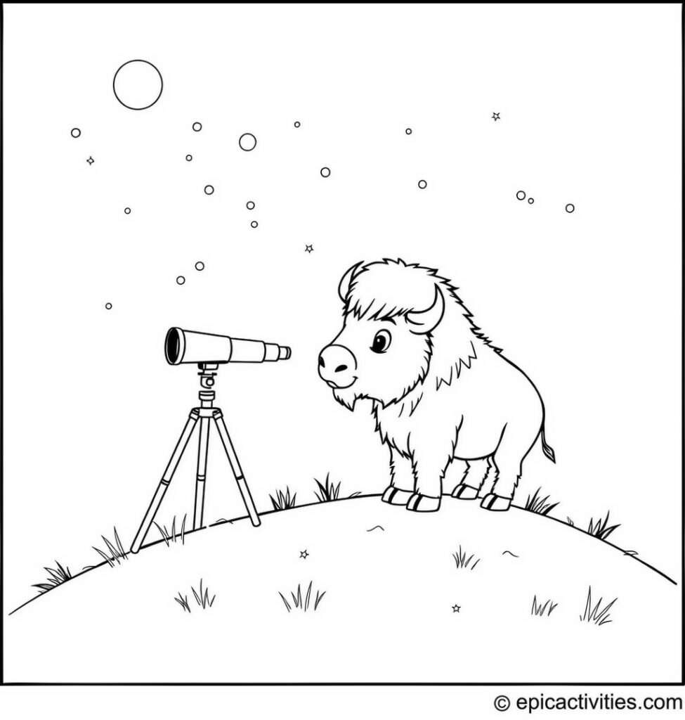 Coloring page of a Cute Bison Stargazing with a Telescope