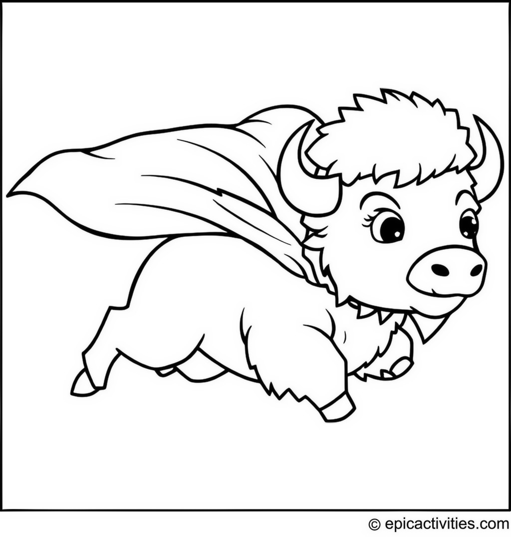 Coloring page of a cute bison superhero flying through the sky