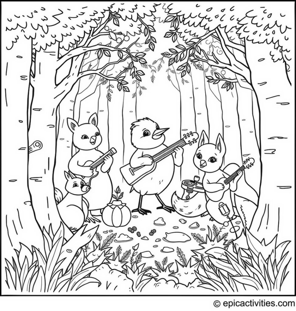 Coloring Page of a Cute Bluebird and Woodland Creatures Band Playing Musical Instruments