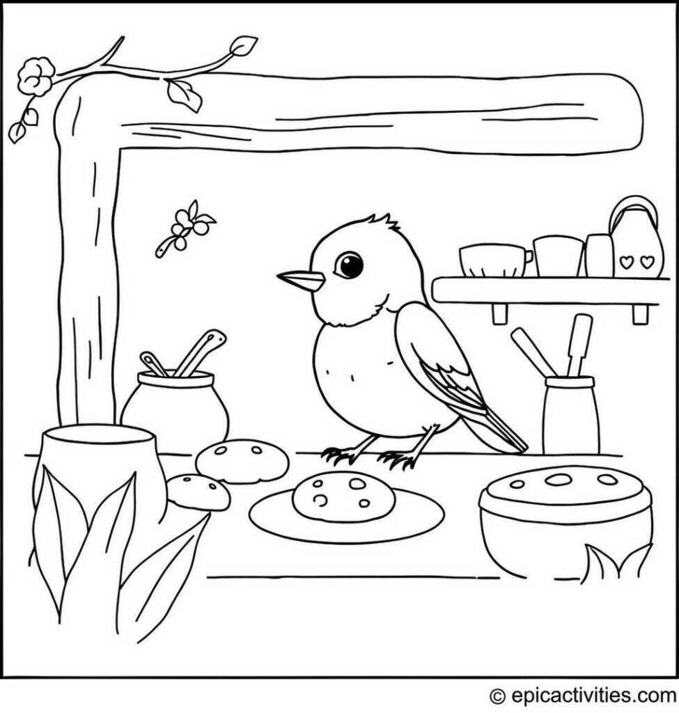 Coloring page of a Cute Bluebird Baking Cookies in a Woodland Kitchen