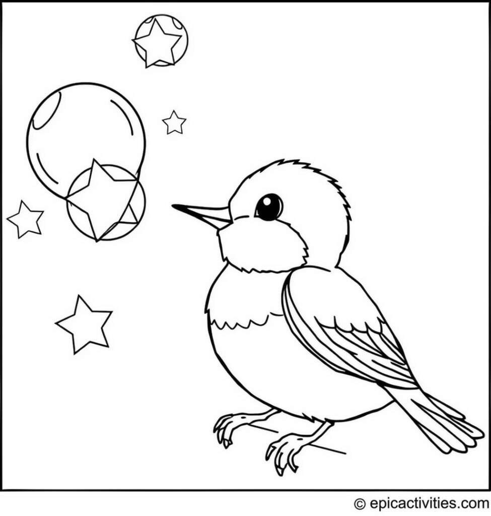 Coloring page of a cute bluebird blowing bubbles that turn into stars