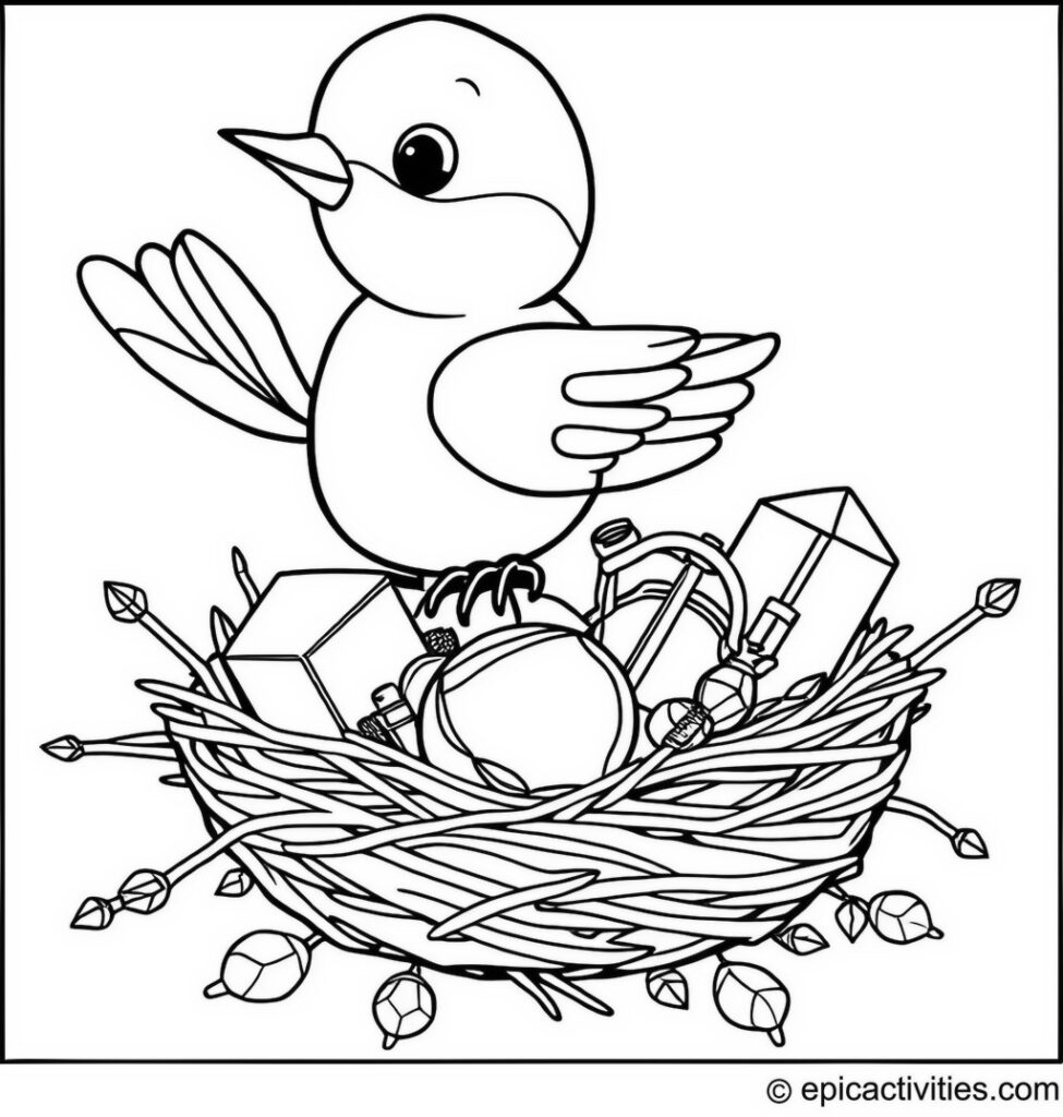 Coloring page of a Cute Bluebird Building a Nest