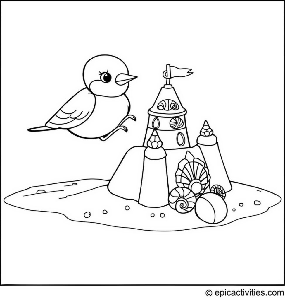 Coloring page of a cute bluebird building a sandcastle on a beach with intricate seashell decorations