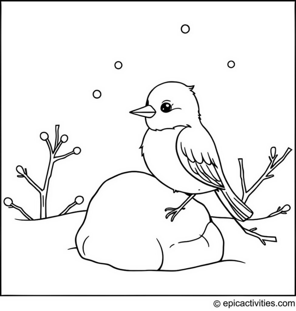 Coloring page of a cute bluebird building a snowbird in a winter wonderland