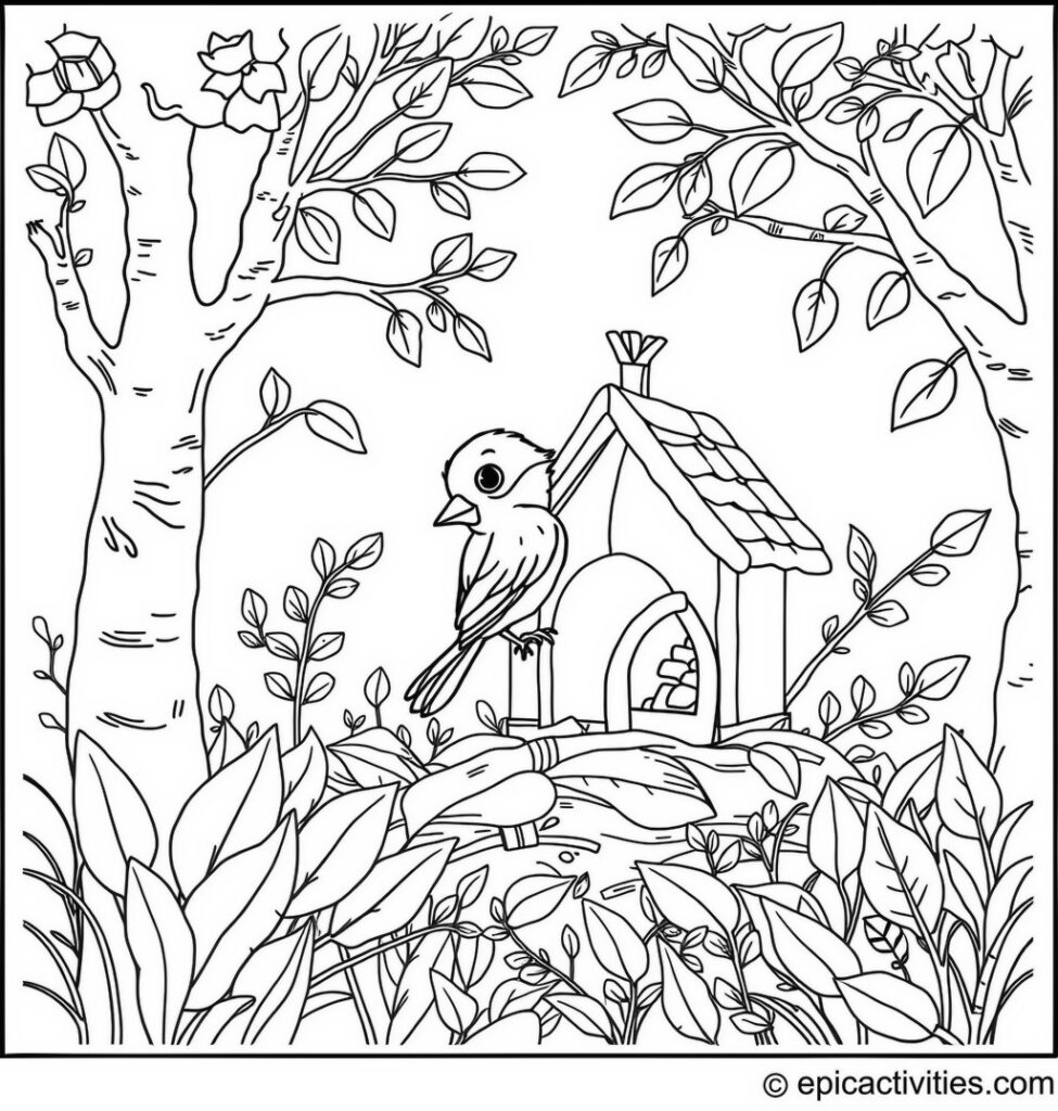 Coloring page of a Cute Bluebird Building a Tiny House in the Woodland
