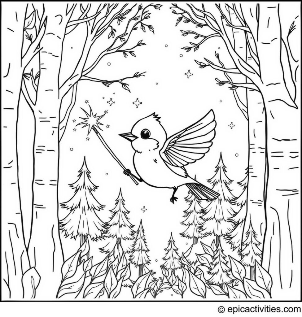 Coloring page of a Cute Bluebird Casting Magical Spells in a Sparkling Forest