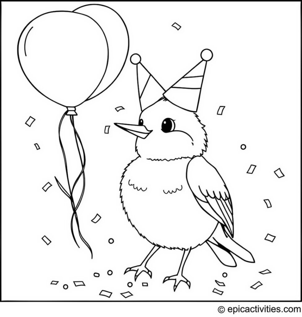 Coloring page of a cute bluebird celebrating a birthday with balloons and confetti
